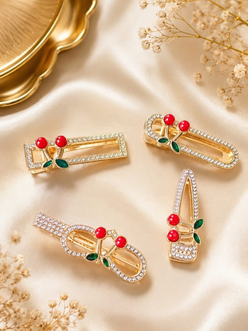 Set of 4 Gold Tone Alloy Cherry Hair Clips with Rhinestone Accents